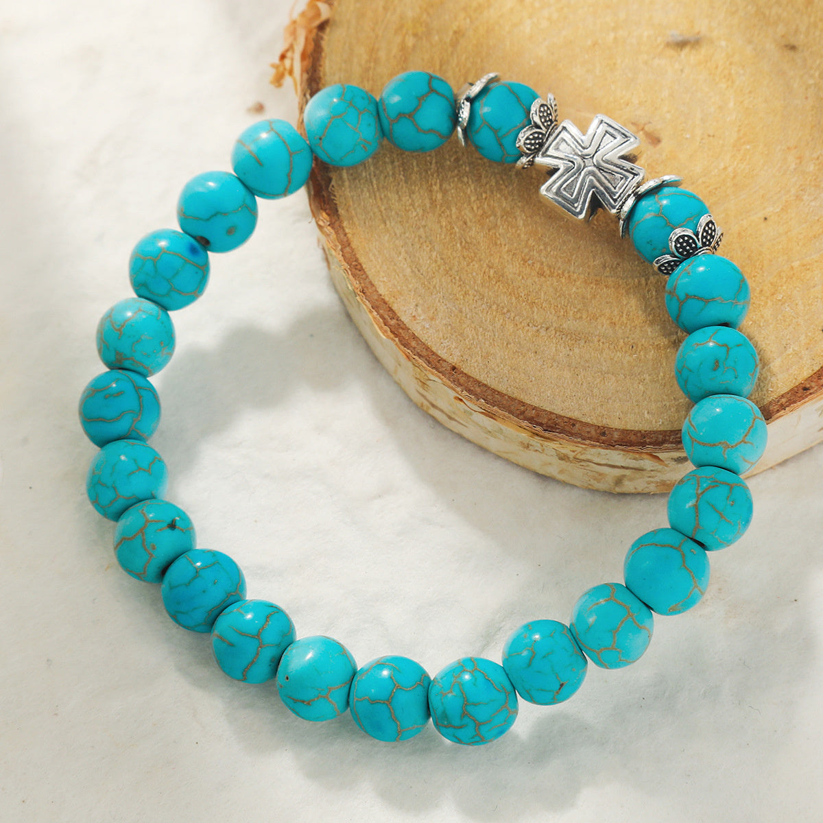Turquoise and Silver-Plated Cross Charm Beaded Stretch Bracelet, silver bracelet for women, detail close-up