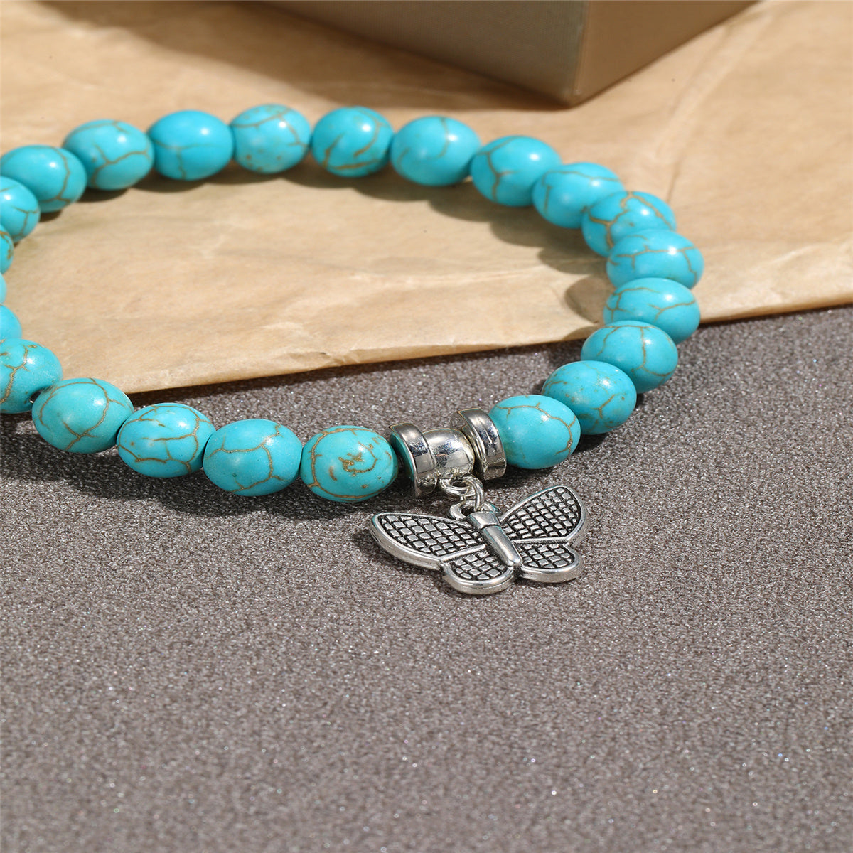 Turquoise and Silver-Plated Butterfly Beaded Stretch Bracelet, silver bracelet for women, lifestyle look