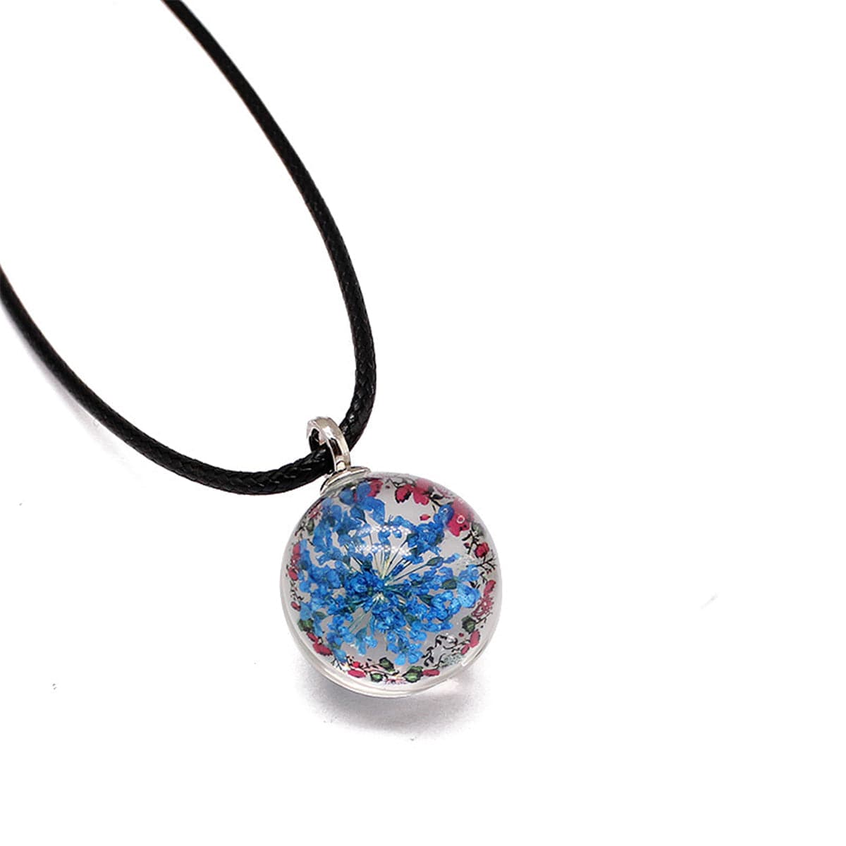 Dark Blue Gypsophila Round Cord Pendant Necklace, pendant necklace for women, elegant gift for her, front view
