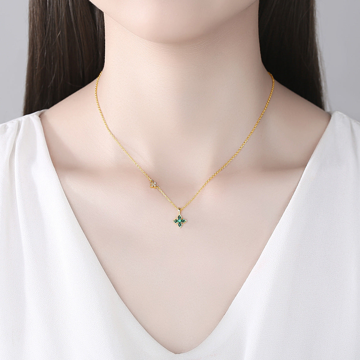 Green Cubic Zirconia and 18K Gold-Plated Clover Pendant Necklace, gold pendant necklace for women, styled look