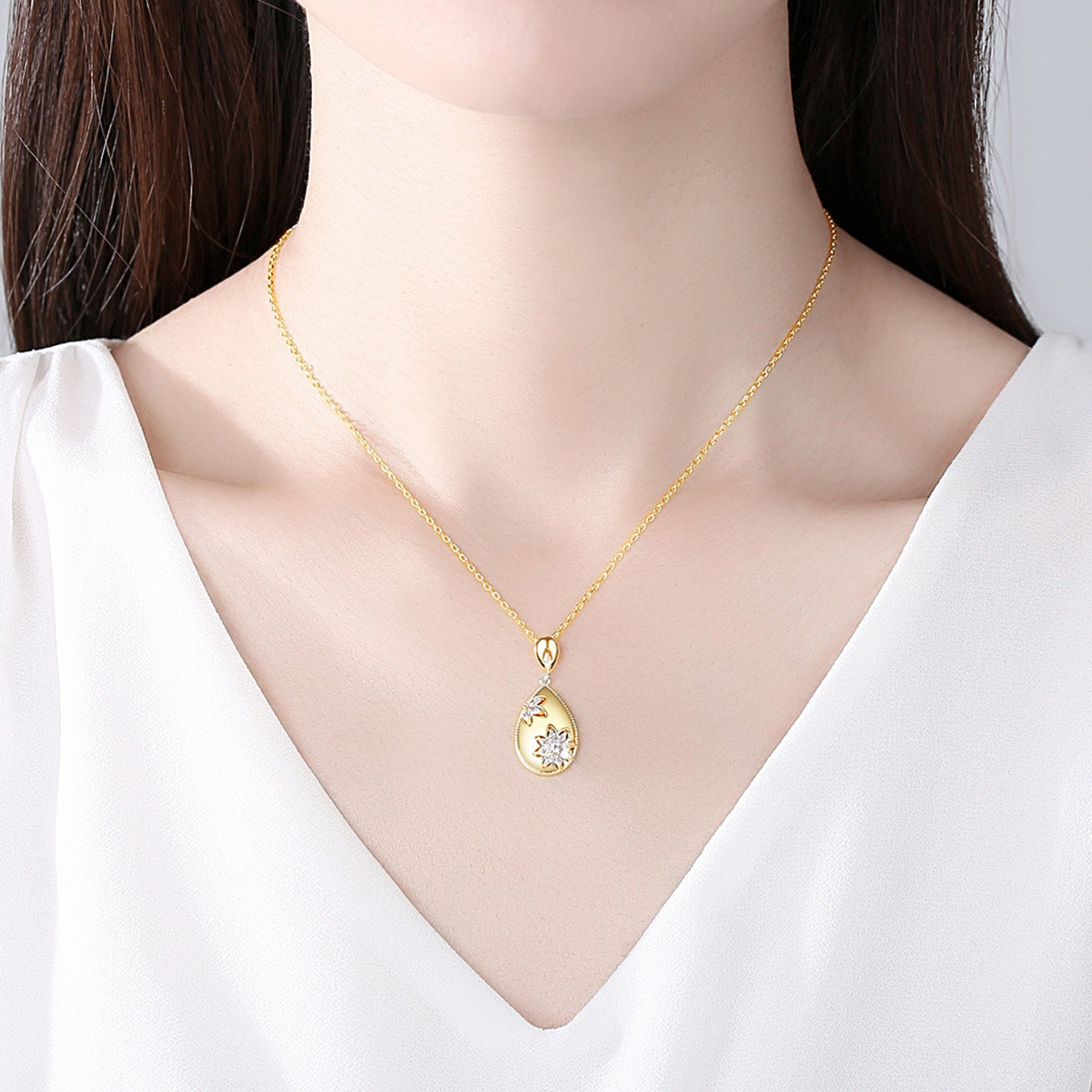 Crystal and 18K Gold-Plated Flower Teardrop Pendant Necklace, gold pendant necklace for women, lifestyle look