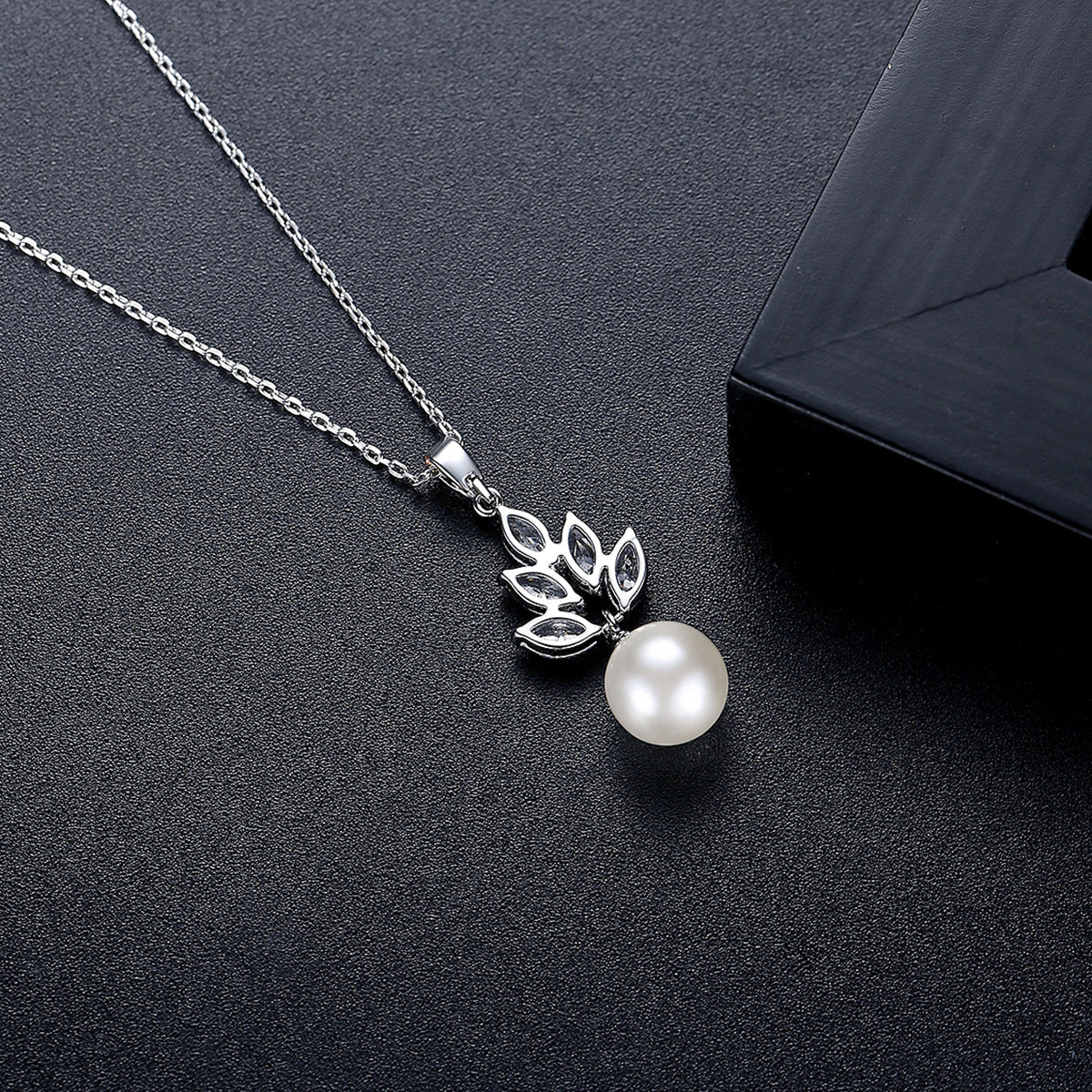 Pearl and Crystal Silver-Plated Marquise-Cut Pendant Necklace, silver pendant necklace for women, side view