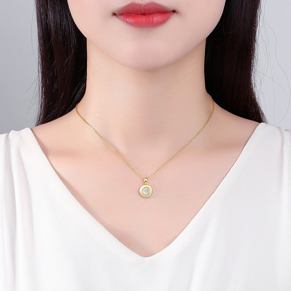 Cubic Zirconia and 18K Gold-Plated Round Pendant Necklace, gold pendant necklace for women, lifestyle look