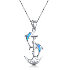 Blue Opal & Silver-Plated Dolphin Anchor Pendant Necklace