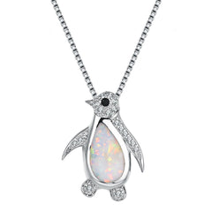 Opal & Cubic Zirconia Penguin Pendant Necklace