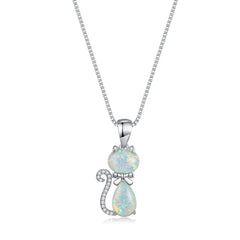 White Opal & Cubic Zirconia Cat Pendant Necklace