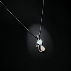 White Opal & Cubic Zirconia Cat Pendant Necklace