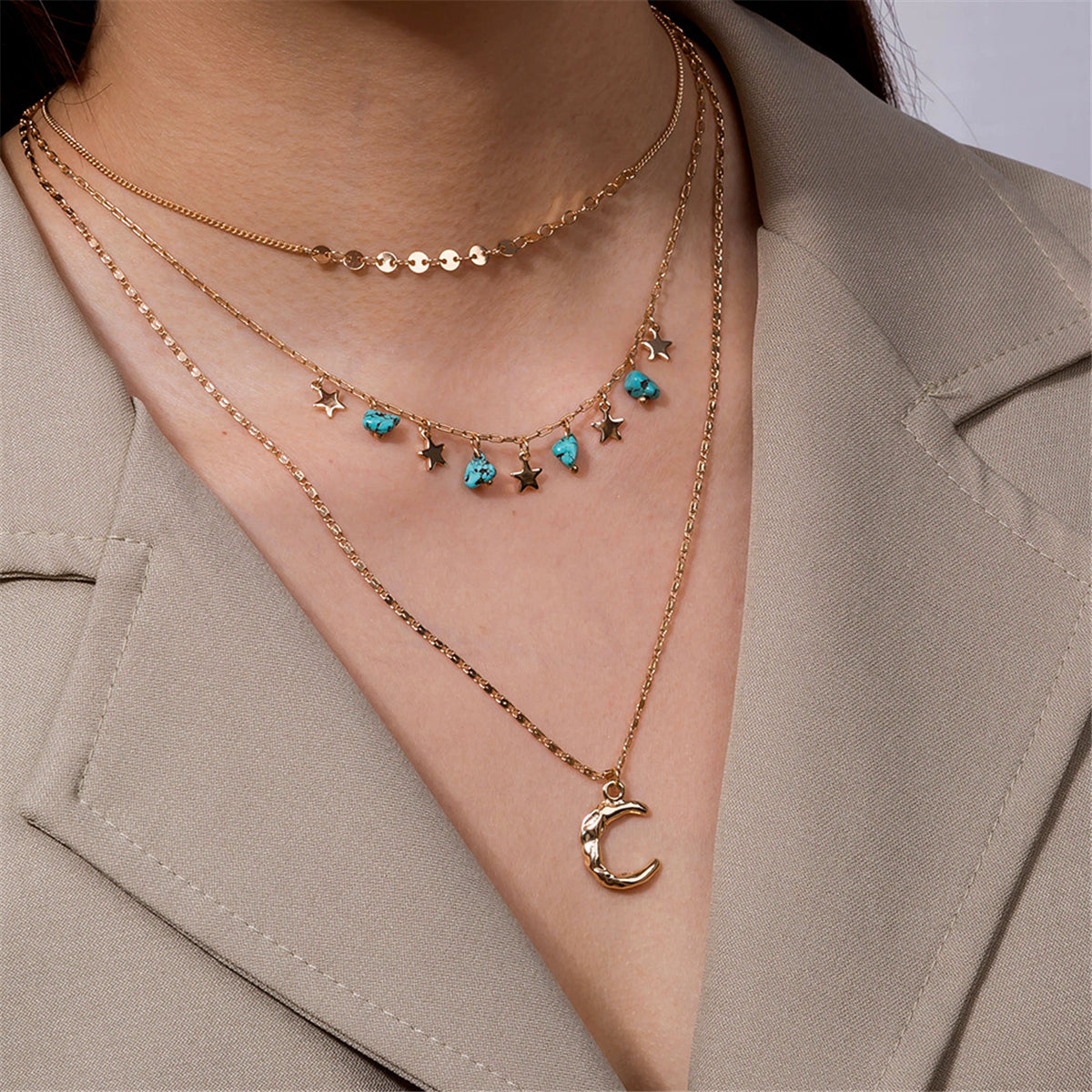 Turquoise and 18K Gold-Plated Layered Celestial Necklace, gold pendant necklace for women, lifestyle look