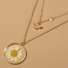 Cubic Zirconia & White Mum & Bee Layered Pendant Necklace