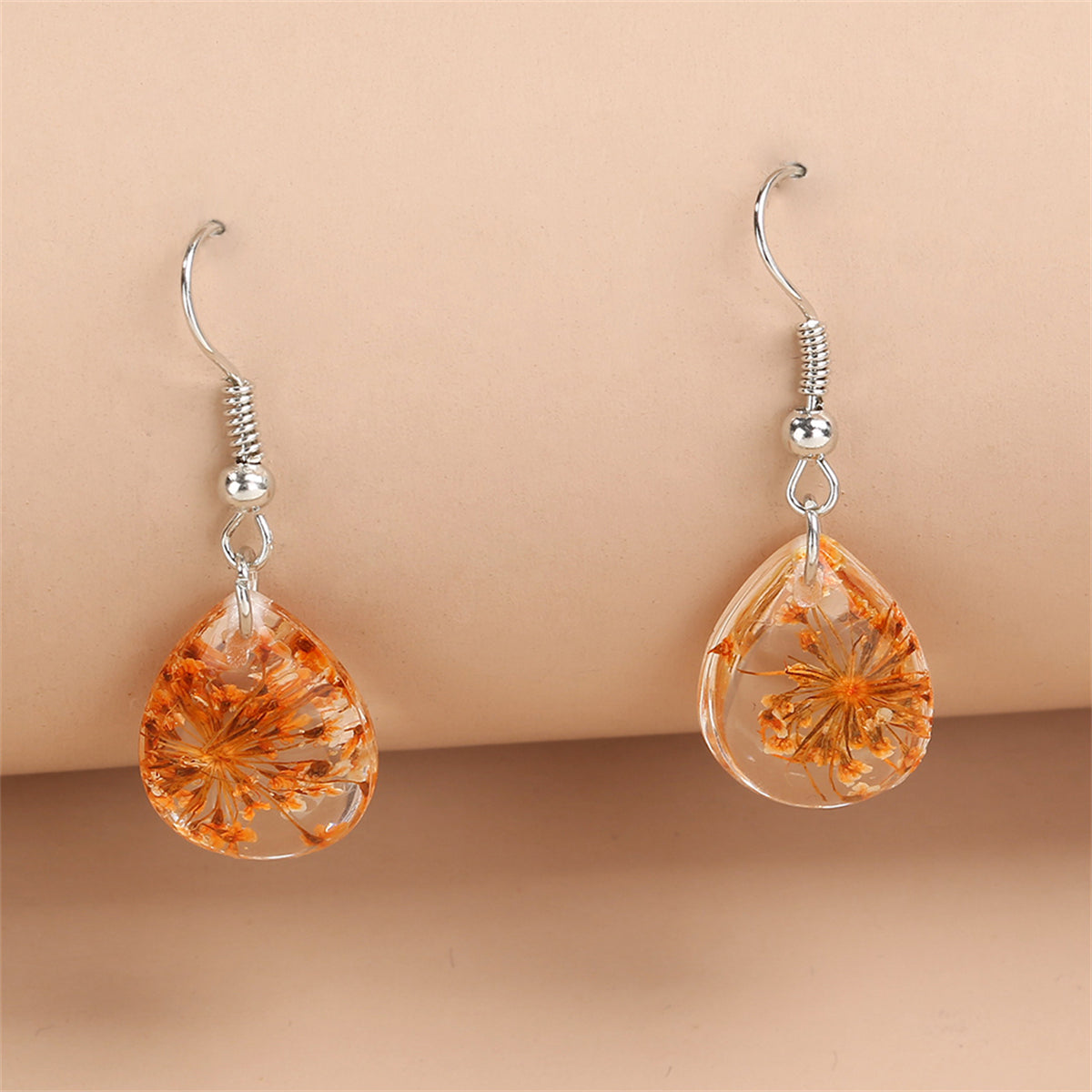 Orange Gypsophila and Silver-Plated Teardrop Earring, silver drop earrings for women, detail close-up