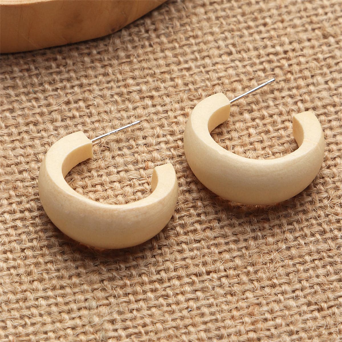 Beige Wood and Silver-Plated Huggie Earrings, silver huggie earrings, dainty minimalist design, lifestyle look