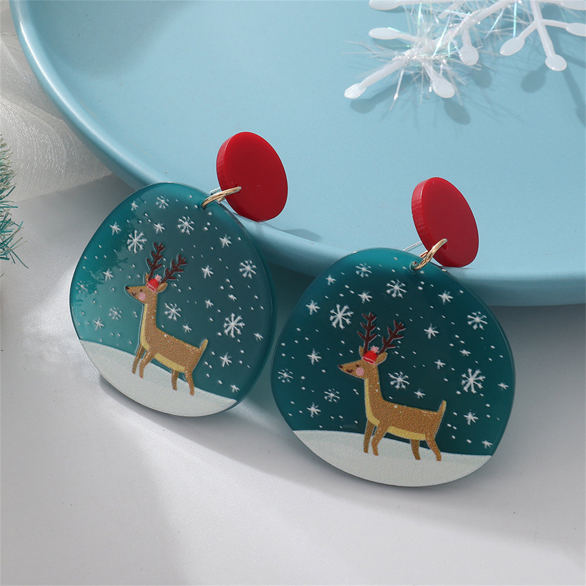 Blue and 18K Gold-Plated Reindeer Round Drop Earrings, gold drop earrings for women, vintage-inspired design, front view