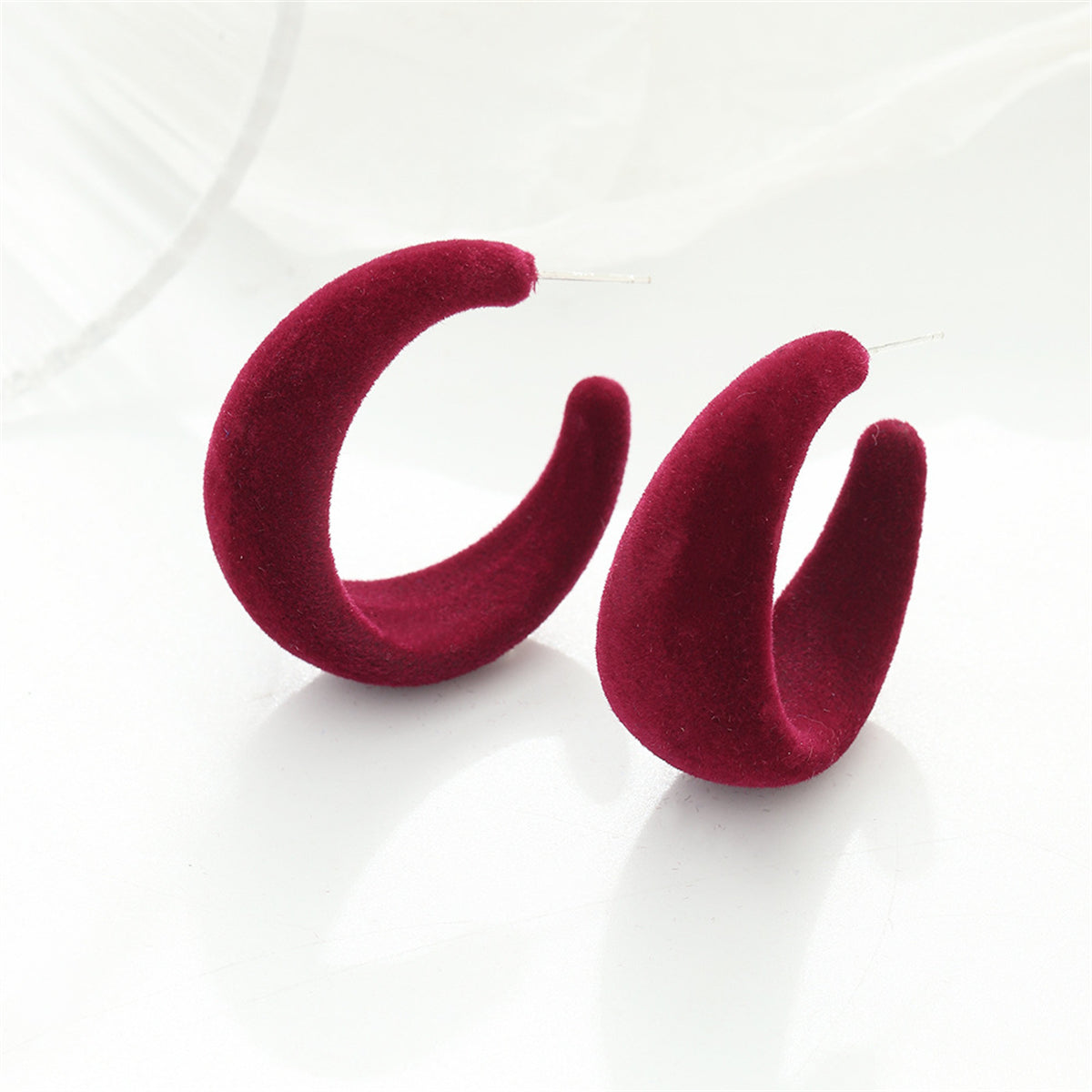Red Nylon and Silver-Plated Huggie Earrings, silver huggie earrings, elegant gift for her, side view