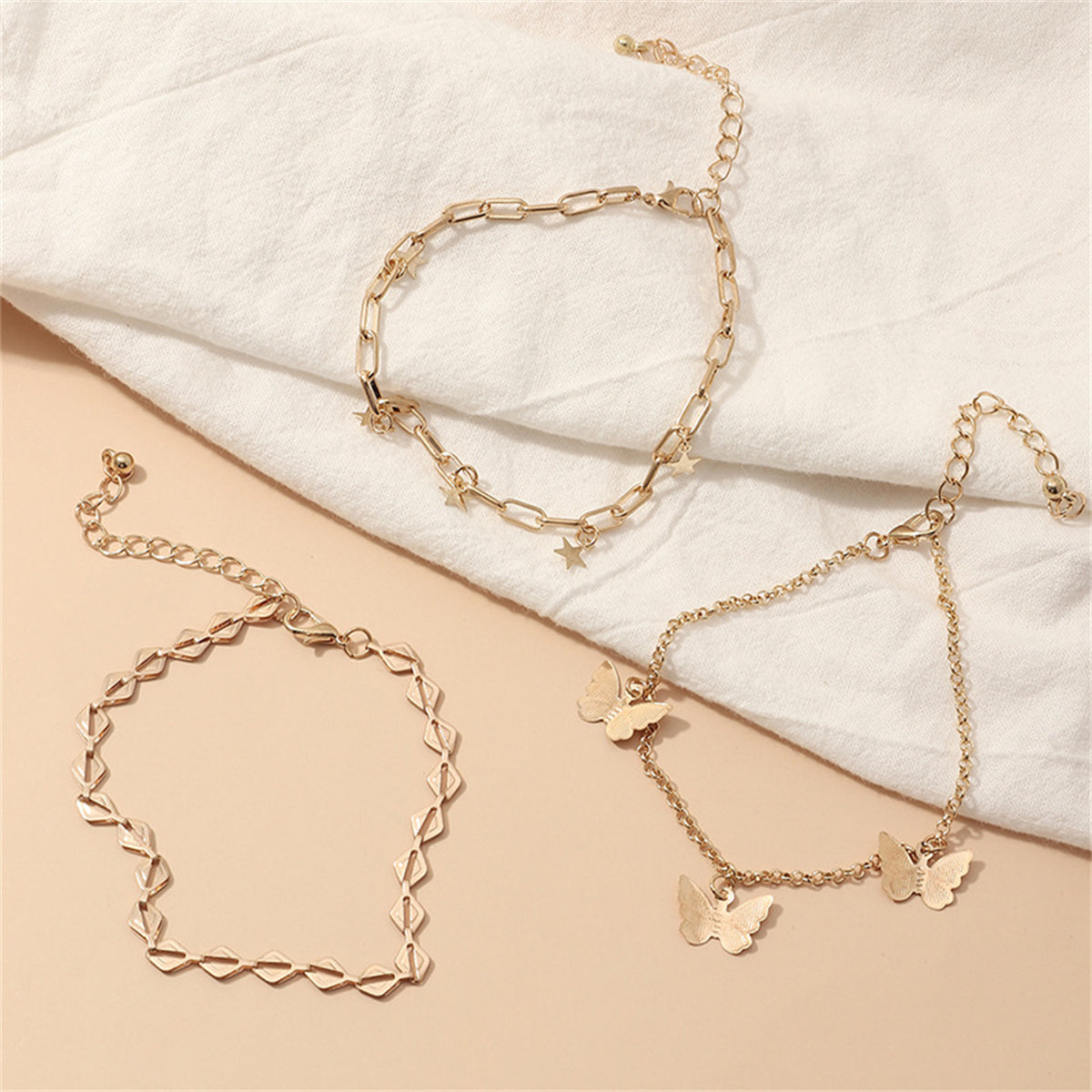 18K Gold-Plated Star and Butterfly Three-Piece Adjustable Anklet Set, jewelry gift sets for women, styled look