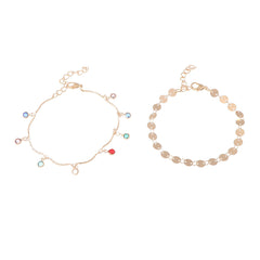 Blue Cubic Zirconia & 18K Gold-Plated Sequin Station Two-Piece Anklet Set