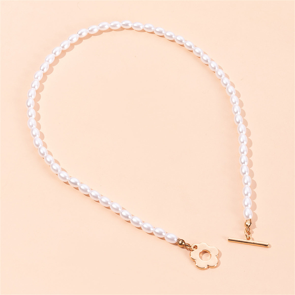 Pearl and 18K Gold-Plated Flower Toggle Necklace, gold pendant necklace for women, elegant gift for her, styled look