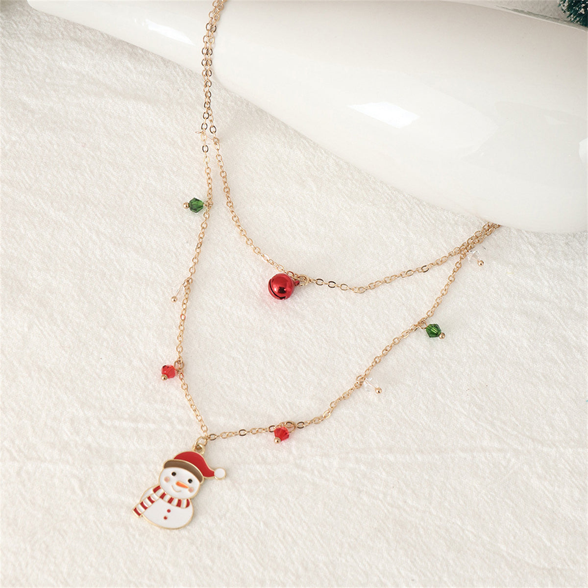 Red Crystal and White Enamel Snowman Bell Layered Pendant Necklace, pendant necklace for women, everyday style, styled look