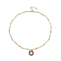 Cubic Zirconia & Green Beaded Bow Wreath Pendant Necklace