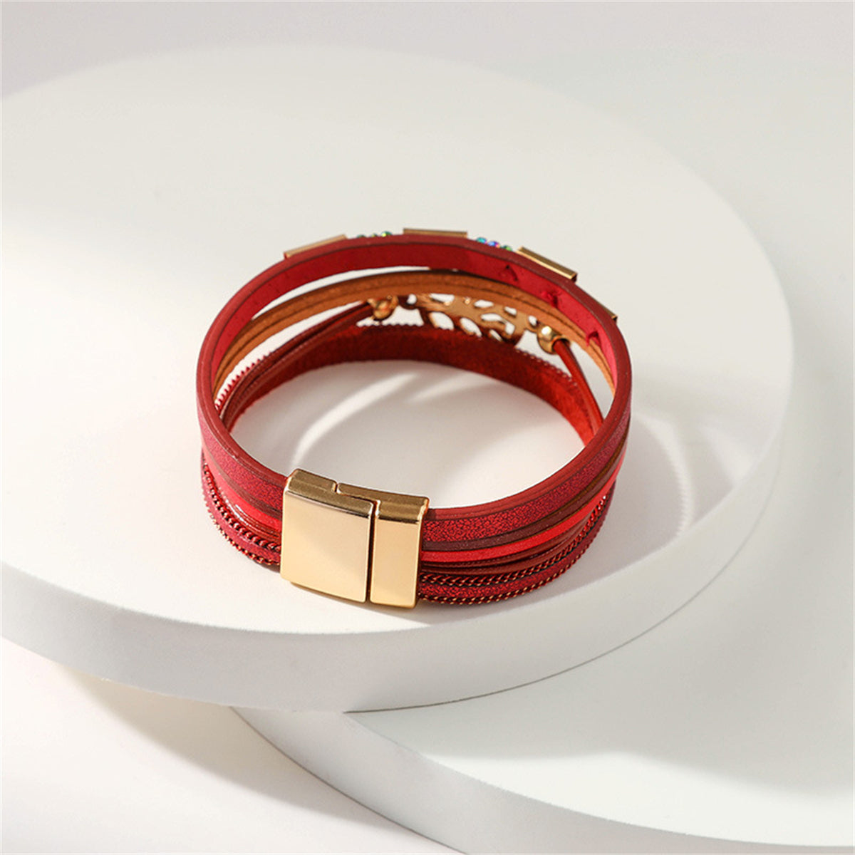 Cubic Zirconia and Red Polystyrene 18K Gold-Plated Tree Charm Layered Bracelet, gold bracelet for women, lifestyle look