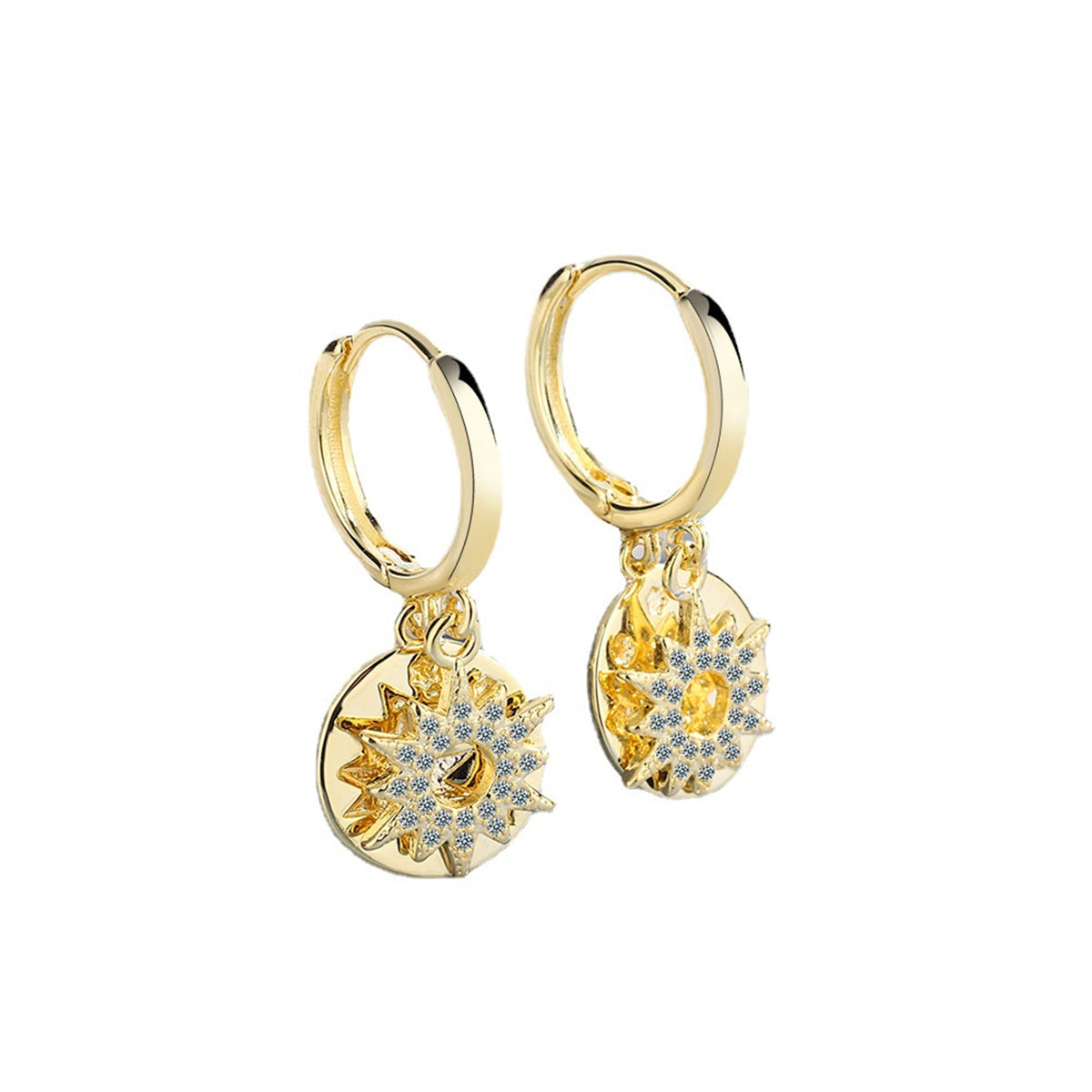 Cubic Zirconia and 18K Gold-Plated Sun Huggie Earrings, gold huggie earrings, dainty minimalist design, styled look