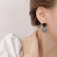 Black Enamel & Polyster 18K Gold-Plated Checkboard Heart Drop Earrings