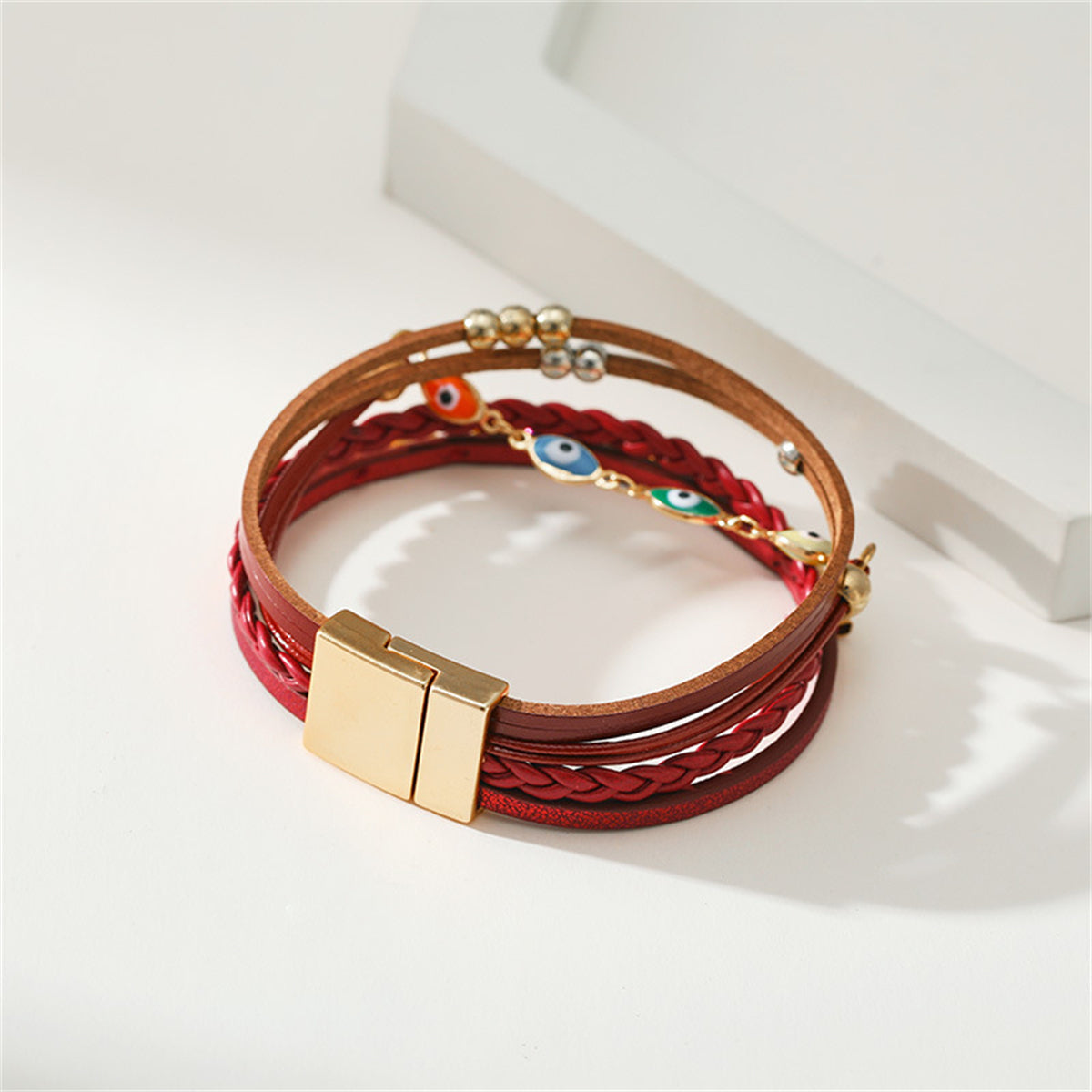 Red Polystyrene and Enamel 18K Gold-Plated Evil Eye Multistrand Bracelet, gold bracelet for women, styled look