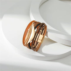 Brown Polystyrene & 18K Gold-Plated Bead Line Leaf-Charm Layered Bangle