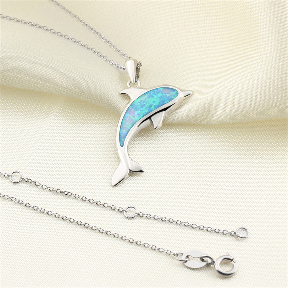 Blue Opal and Silver-Plated Dolphin Pendant Necklace, silver pendant necklace for women, elegant gift for her, styled look