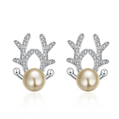 Pearl & Cubic Zirconia Silver-Plated Antler Stud Earrings