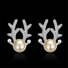 Pearl & Cubic Zirconia Silver-Plated Antler Stud Earrings
