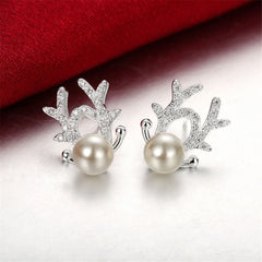 Pearl & Cubic Zirconia Silver-Plated Antler Stud Earrings