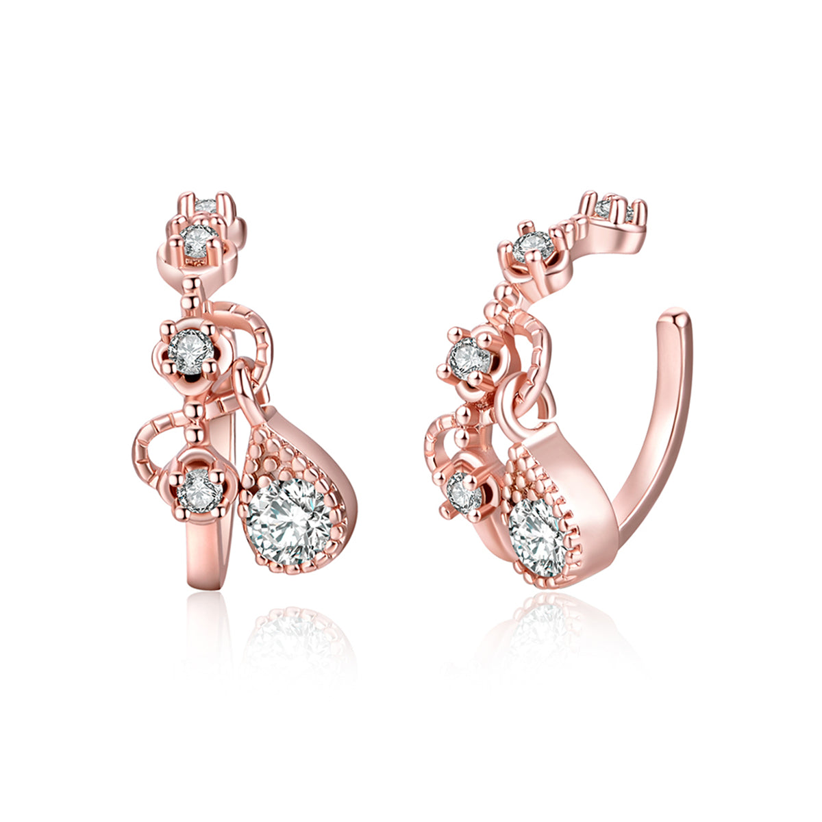 Cubic Zirconia and 18K Rose Gold-Plated Teardrop Dangle Ear Cuffs, rose gold stud earrings for women, front view
