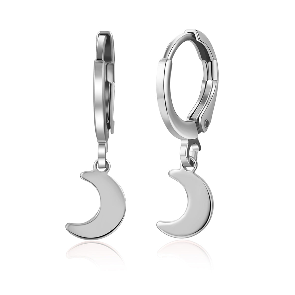 Silver-Plated Moon Huggie Earrings, silver huggie earrings, vintage-inspired design, front view