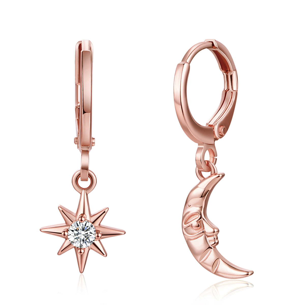 Cubic Zirconia and 18K Rose Gold-Plated Sun Moon Huggie Earrings, rose gold huggie earrings, everyday style, lifestyle look