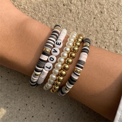 Pearl & Polymer Clay 18K Gold-Plated 'Love' Stretch Bracelet Set