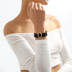 Black Cubic Zirconia & 18K Gold-Plated Oval Layered Bracelet