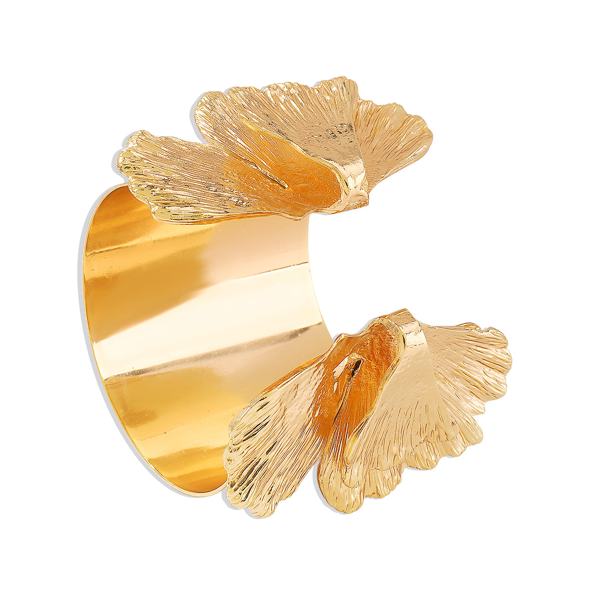 18K Gold-Plated Ginkgo Leaves Cuff, gold bracelet for women, vintage-inspired design, styled look