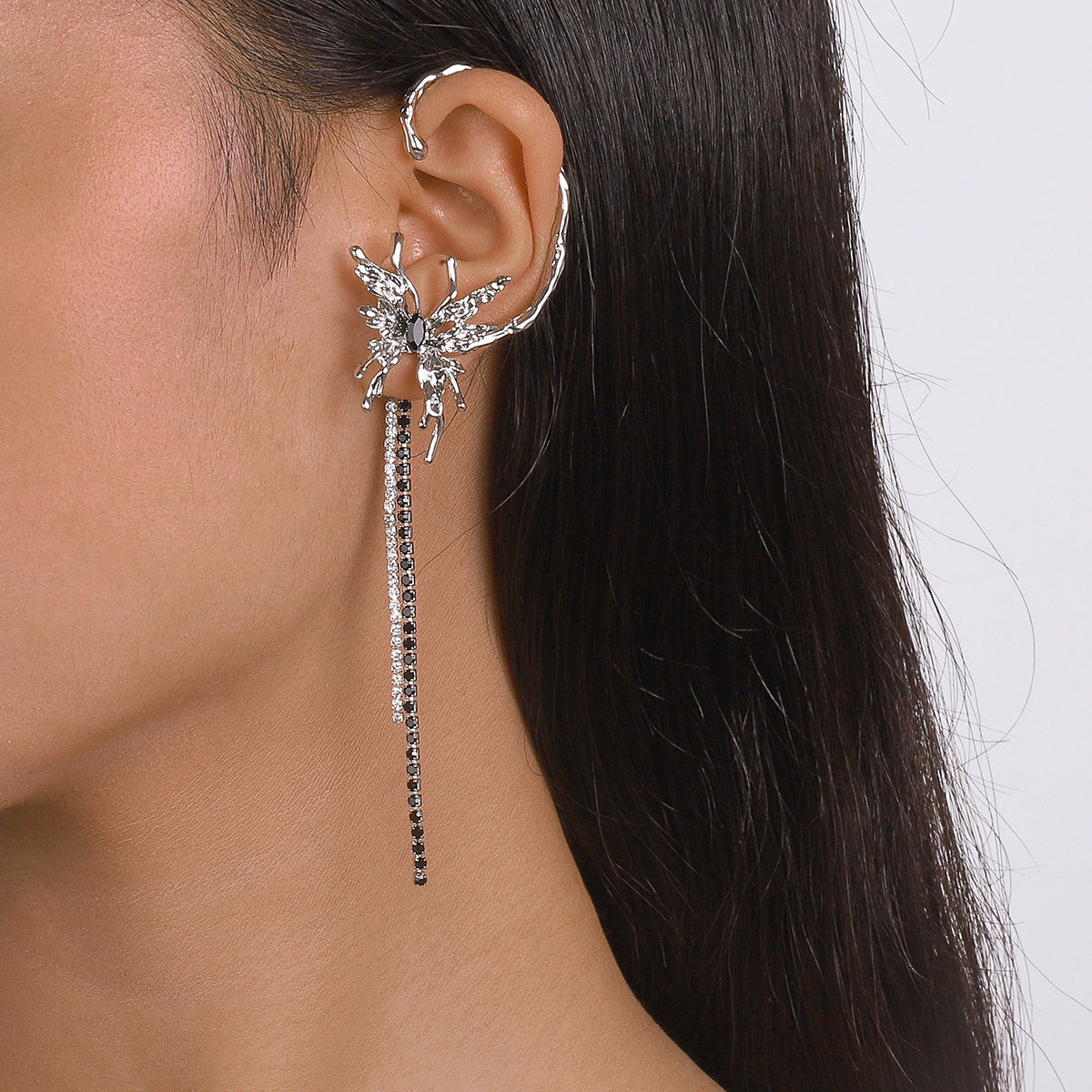 Black Crystal and Cubic Zirconia Butterfly Tassel Ear Cuff, drop earrings for women, vintage-inspired design, styled look
