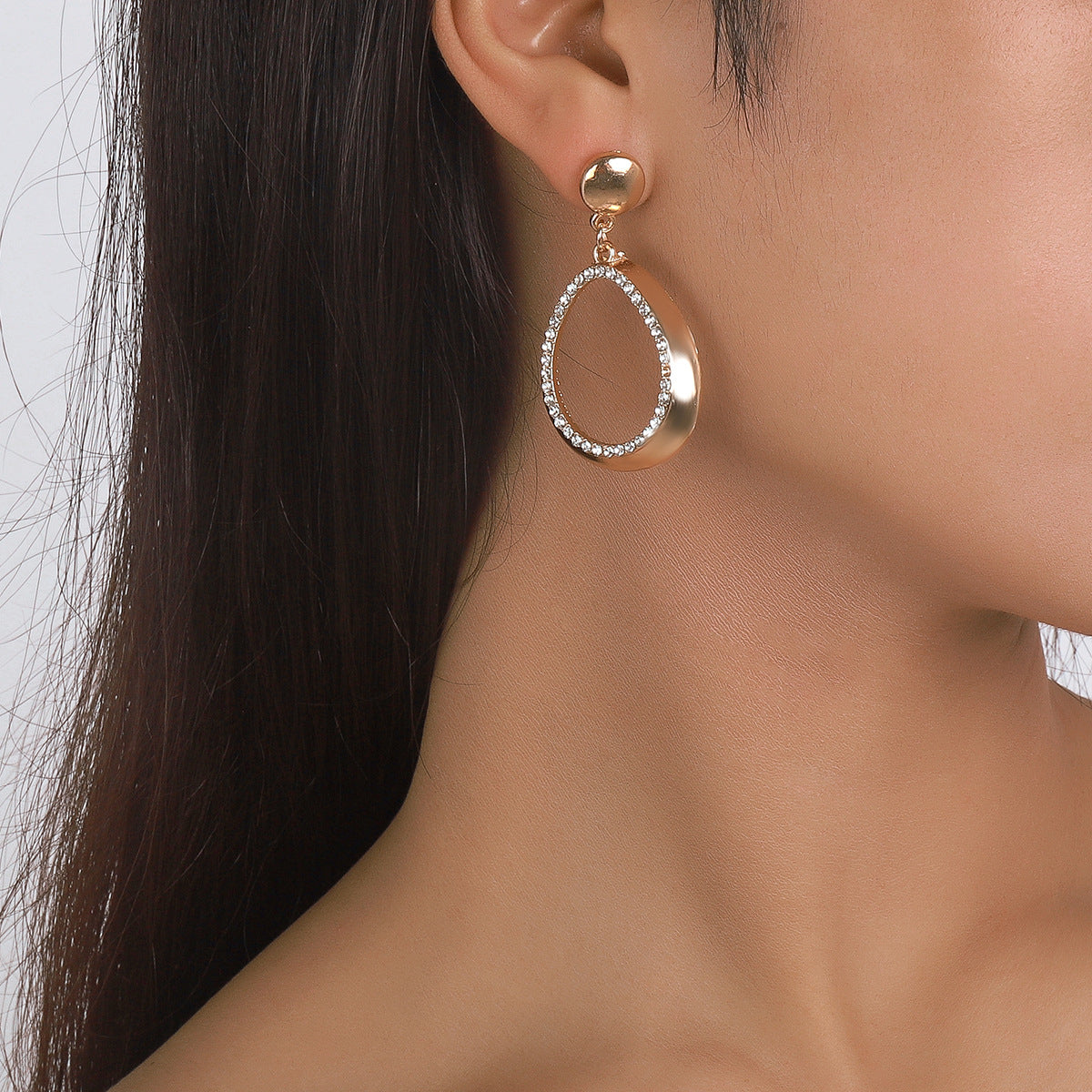 Cubic Zirconia and 18K Gold-Plated Open Oval Drop Earrings, gold drop earrings for women, botanical inspired, styled look