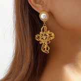 Pearl & 18K Gold-Plated Cross Drop Earrings
