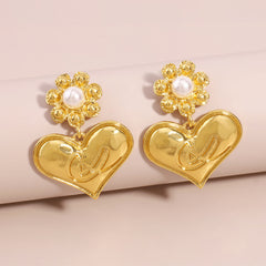 Pearl & 18K Gold-Plated Floral Heart Drop Earrings