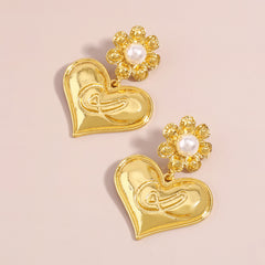 Pearl & 18K Gold-Plated Floral Heart Drop Earrings
