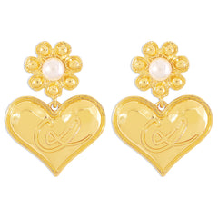 Pearl & 18K Gold-Plated Floral Heart Drop Earrings