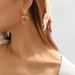 Rose Crystal & 18K Gold-Plated Flower Heart Drop Earrings