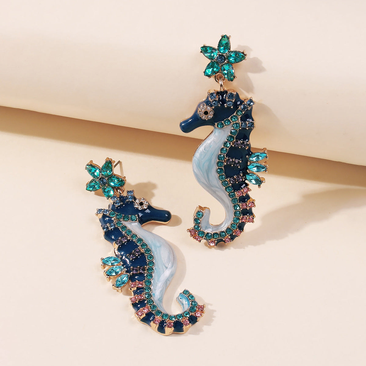 Crystal and Cubic Zirconia Enamel 18K Gold-Plated Seahorse Drop Earrings, gold drop earrings for women, lifestyle look