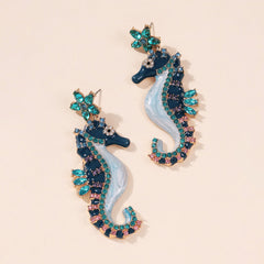 Crystal & Cubic Zirconia Enamel 18K Gold-Plated Seahorse Drop Earrings