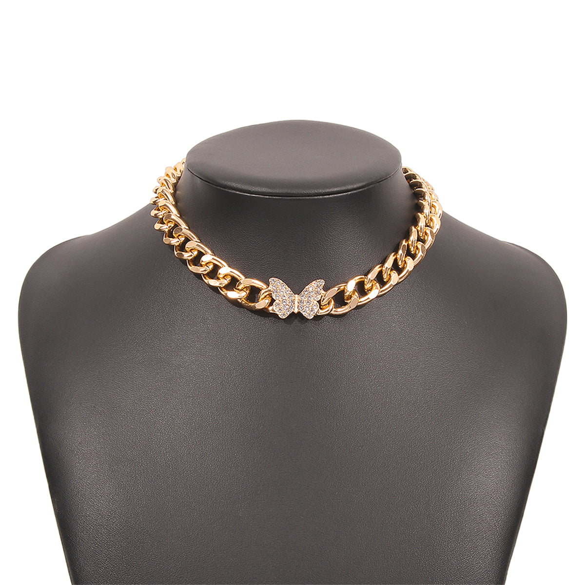 Cubic Zirconia and 18K Gold-Plated Curb Chain Butterfly Choker, chunky gold choker necklace, styled look