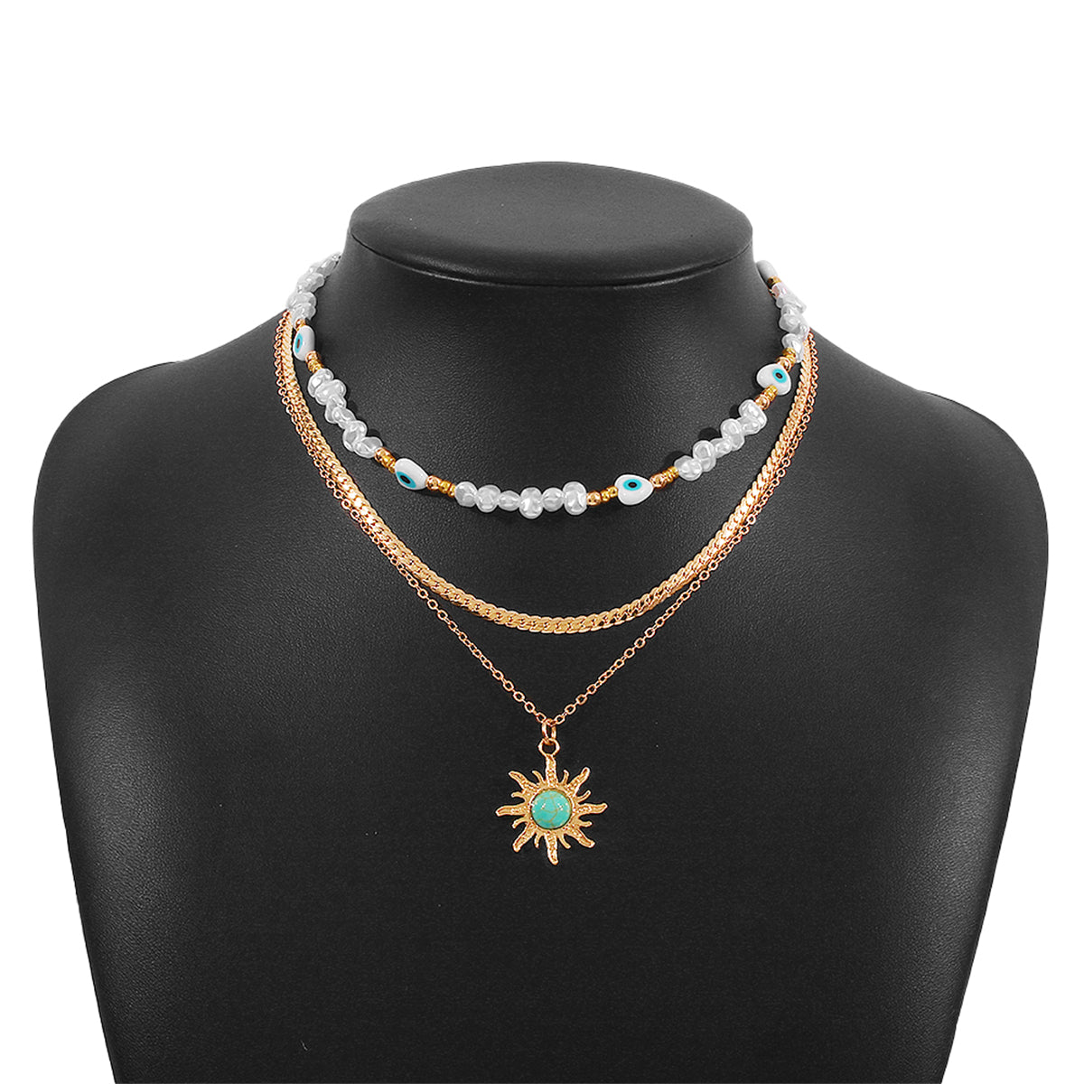 Turquoise and Pearl 18K Gold-Plated Sun Pendant Necklace Set, gold pendant necklace for women, styled look
