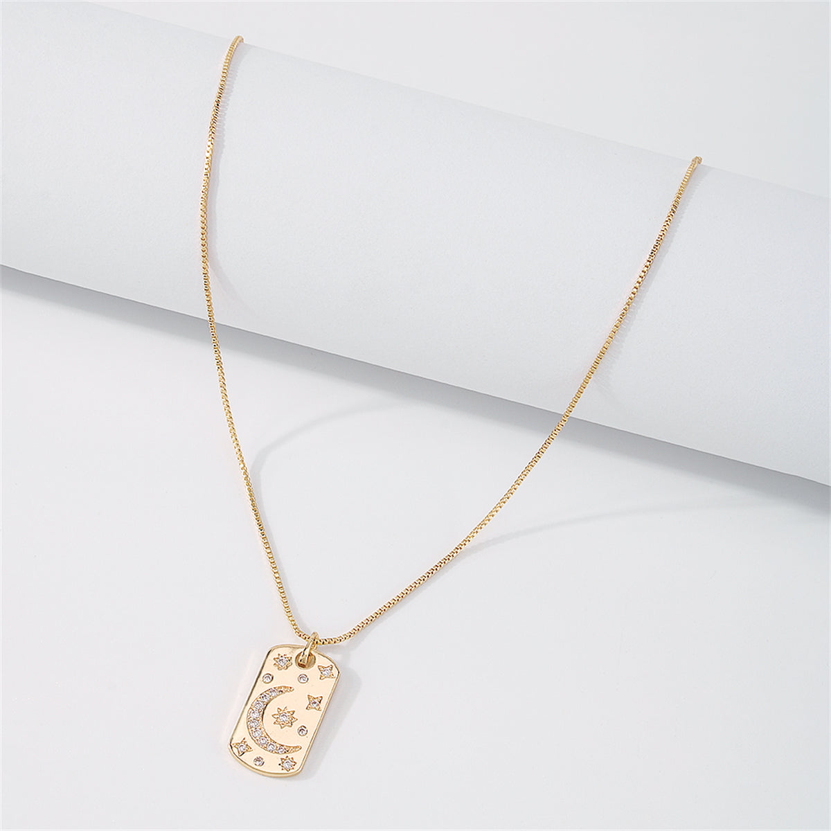 Cubic Zirconia and 18K Gold-Plated Moon Card Pendant Necklace, gold pendant necklace for women, detail close-up