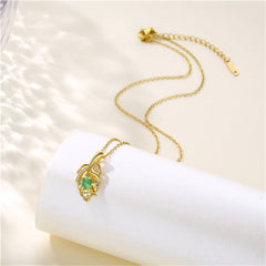Green Jade & Cubic Zirconia Leaf Pendant Necklace